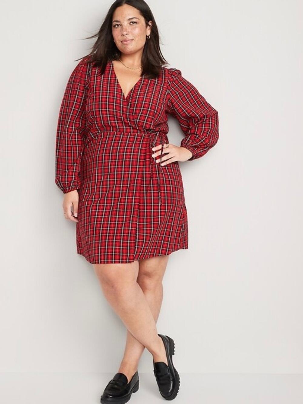 Old Navy XL Red Tartan Plaid V-Neck Wrap Long Sleeve Holiday Mini Dress NWT - Picture 1 of 13